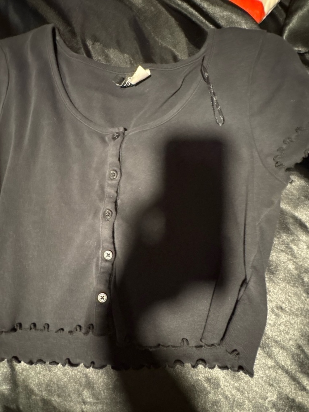 Divided Black Button-Front Lettuce-Edge Crop Top